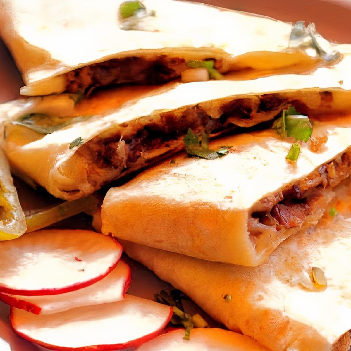 Quesabirria quesadilla wedges with melted cheese and radish